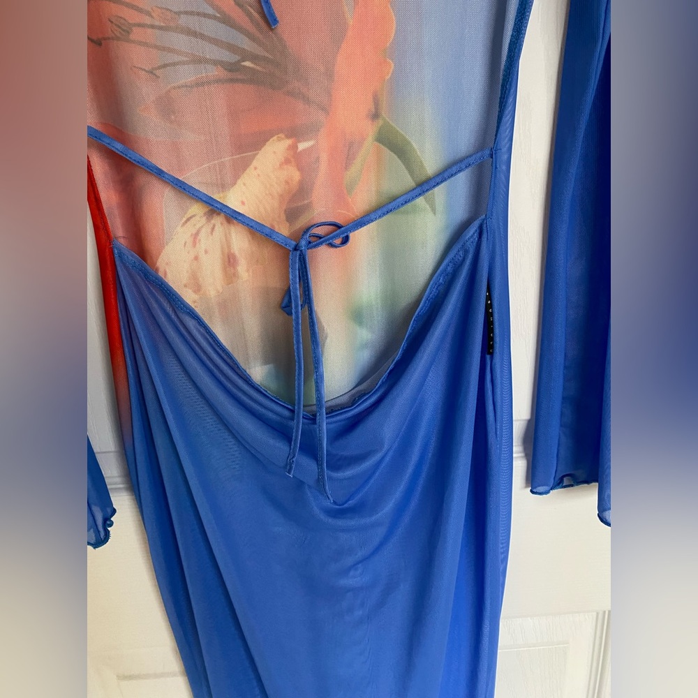 MISSGUIDED Women’s L Blue Sheer Floral Print Mermaid Hem Backless Maxi Dress - Picture 9 of 15